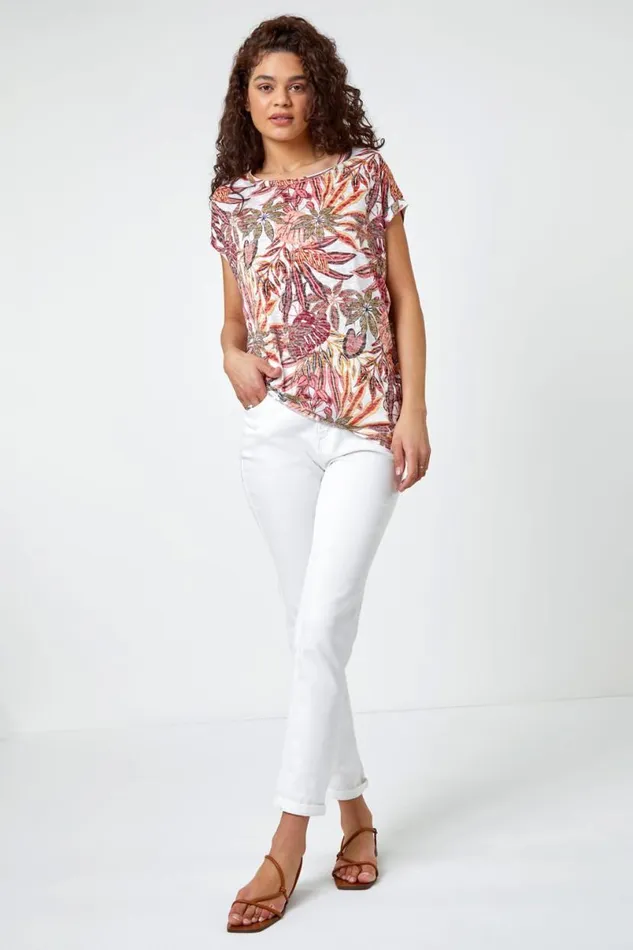Orange Textured Palm Print Cocoon Top Women Roman Tops
