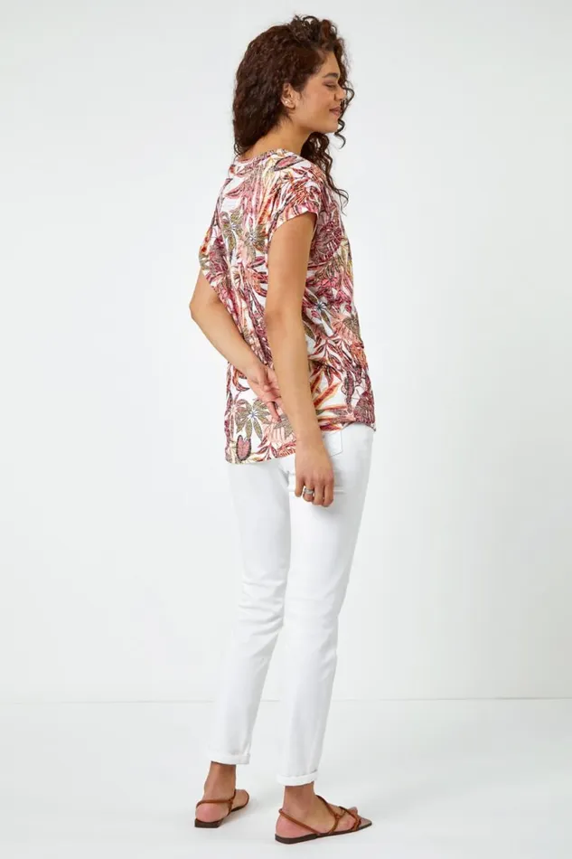 Orange Textured Palm Print Cocoon Top Women Roman Tops