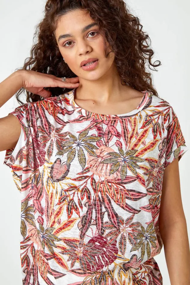 Orange Textured Palm Print Cocoon Top Women Roman Tops