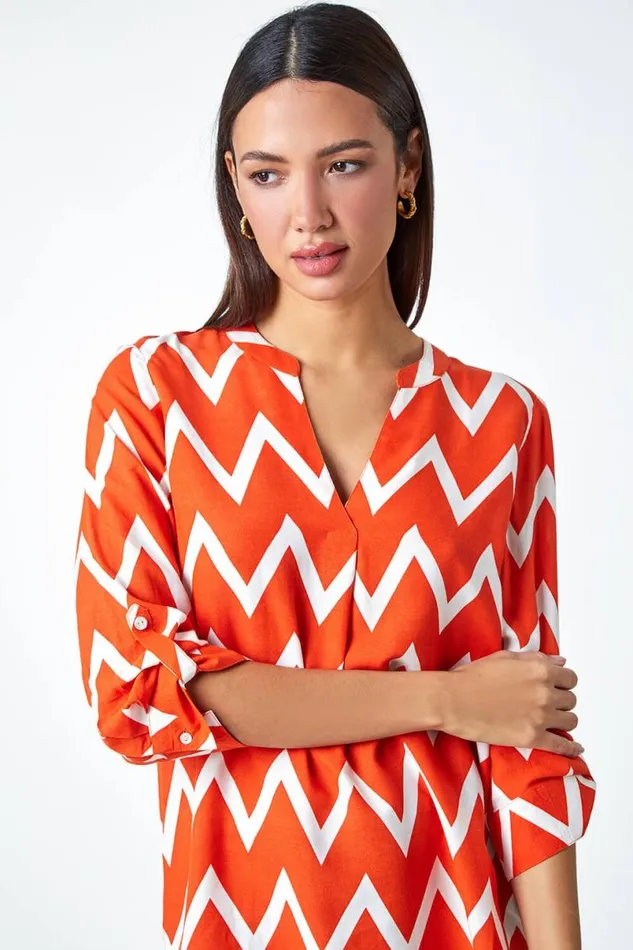 Orange Zig Zag Print VNeck Pleat Detail Tunic Top Women Roman Tops