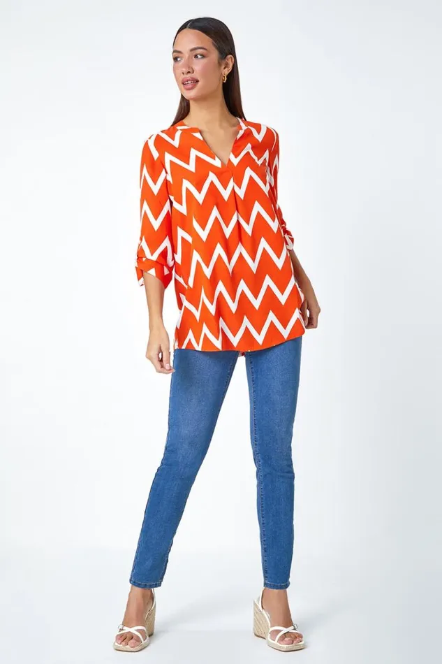 Orange Zig Zag Print VNeck Pleat Detail Tunic Top Women Roman Tops