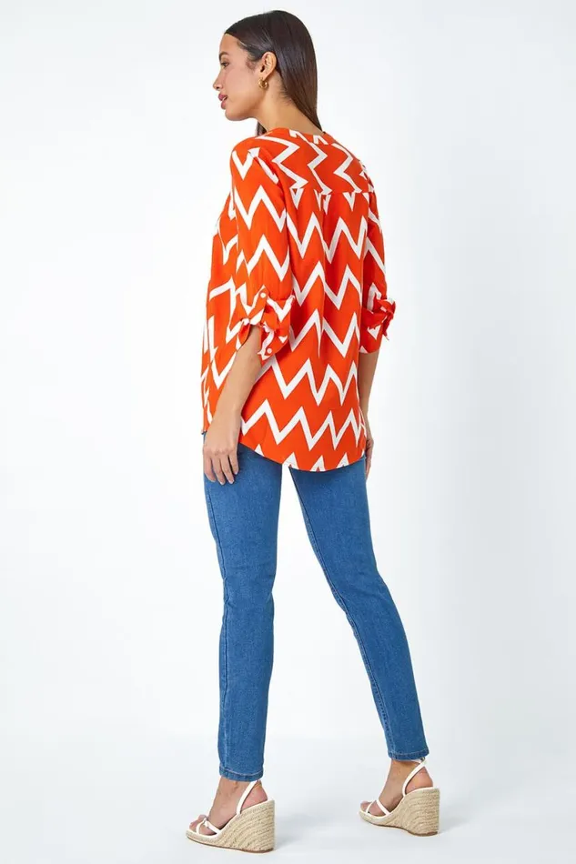 Orange Zig Zag Print VNeck Pleat Detail Tunic Top Women Roman Tops