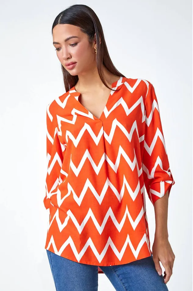 Orange Zig Zag Print VNeck Pleat Detail Tunic Top Women Roman Tops