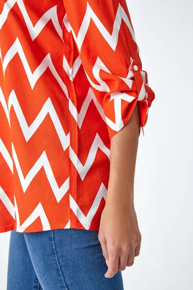 Orange Zig Zag Print VNeck Pleat Detail Tunic Top Women Roman Tops