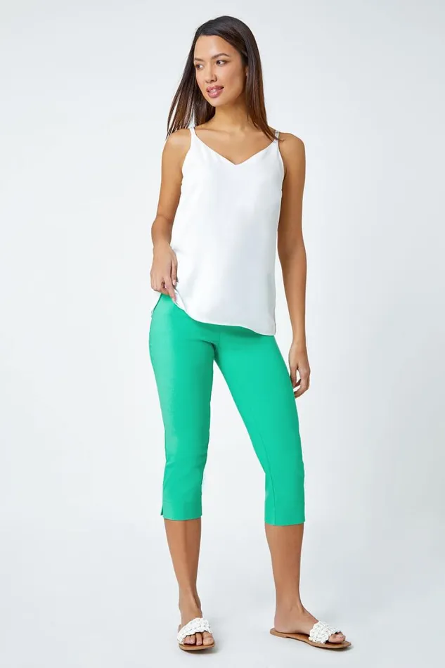 Pale Green Elastic Waist Stretch Cropped Trousers Women Roman Coords