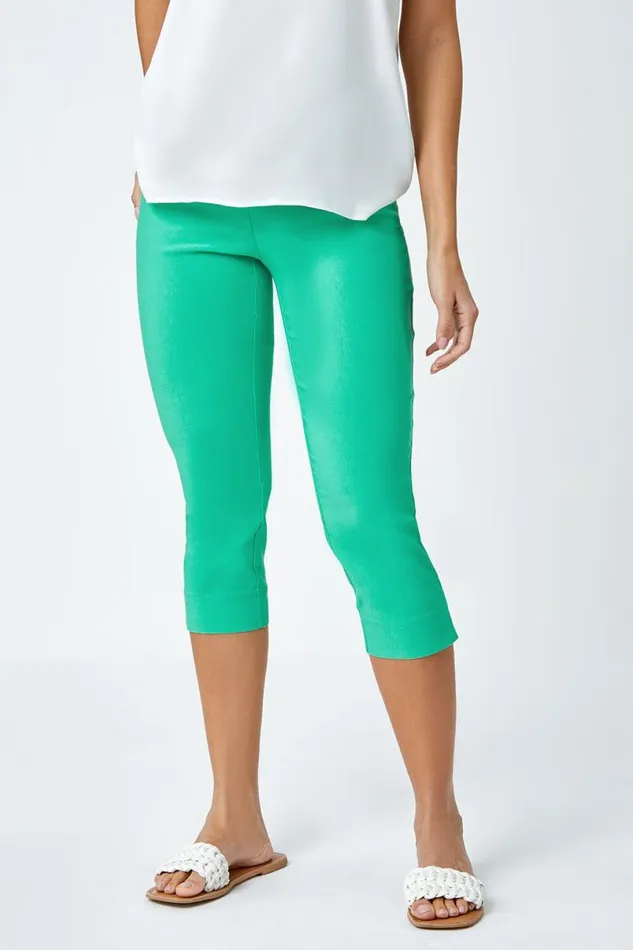 Pale Green Elastic Waist Stretch Cropped Trousers Women Roman Coords
