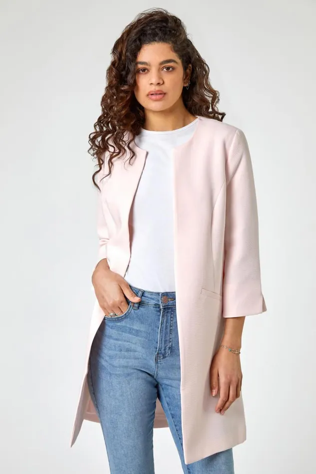 Pink 34 Sleeve Textured Longline Jacket Women Roman Occasionwear