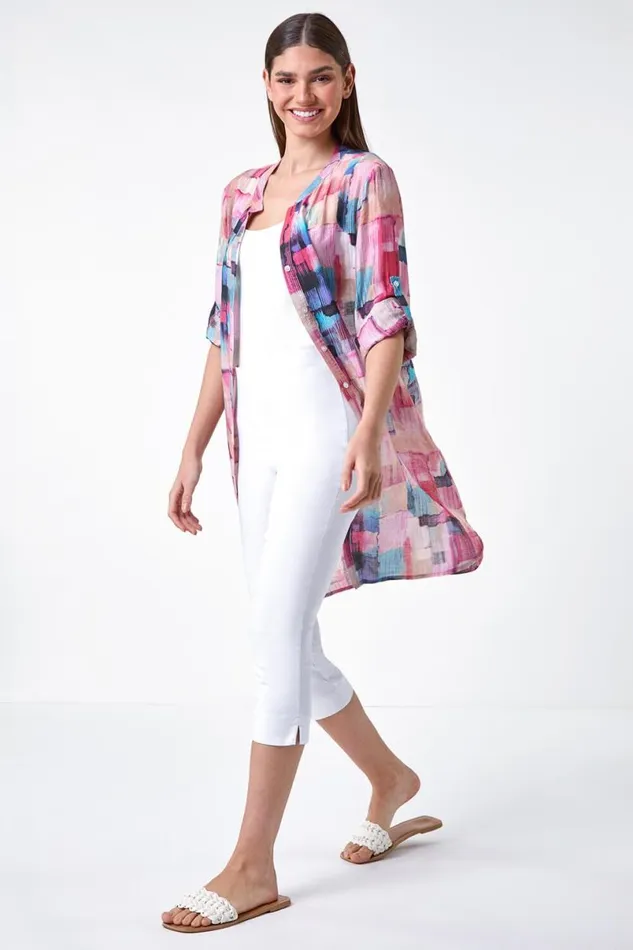 Pink Abstract Print Longline Blouse Women Roman Tops