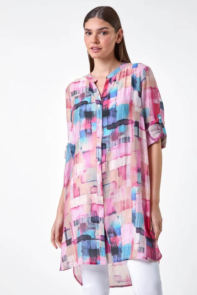 Pink Abstract Print Longline Blouse Women Roman Tops