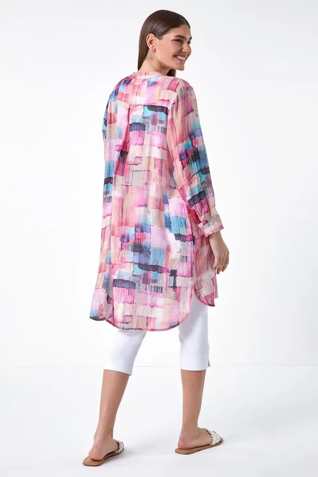 Pink Abstract Print Longline Blouse Women Roman Tops