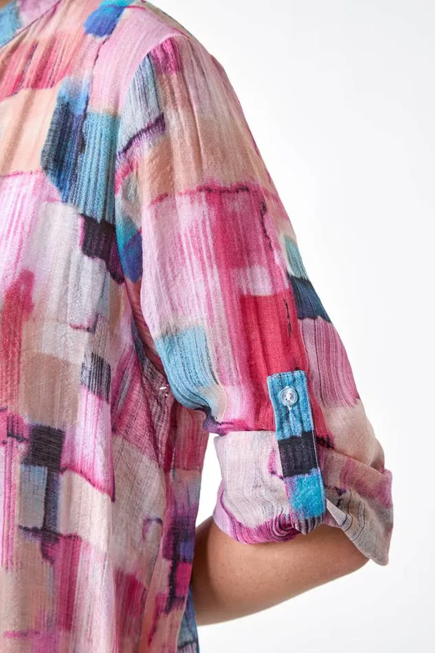 Pink Abstract Print Longline Blouse Women Roman Tops