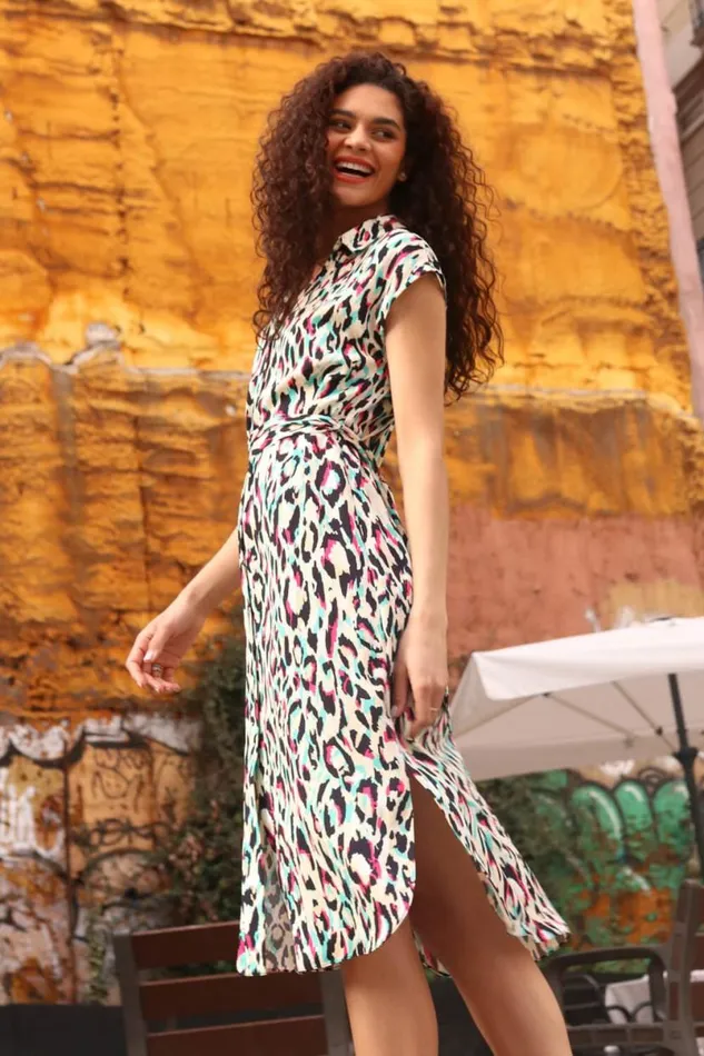 Pink Animal Print Midi Shirt Dress Women Roman Dresses