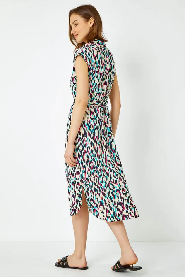Pink Animal Print Midi Shirt Dress Women Roman Dresses