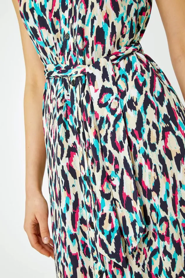 Pink Animal Print Midi Shirt Dress Women Roman Dresses