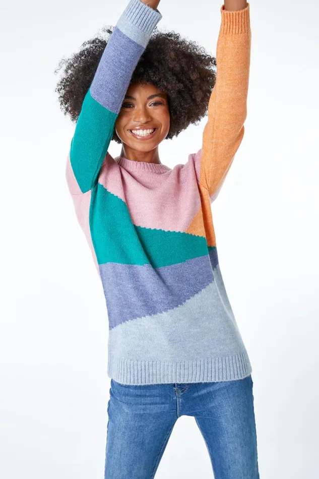 Pink Crew Neck Colourblock Jumper Women Roman Knitwear