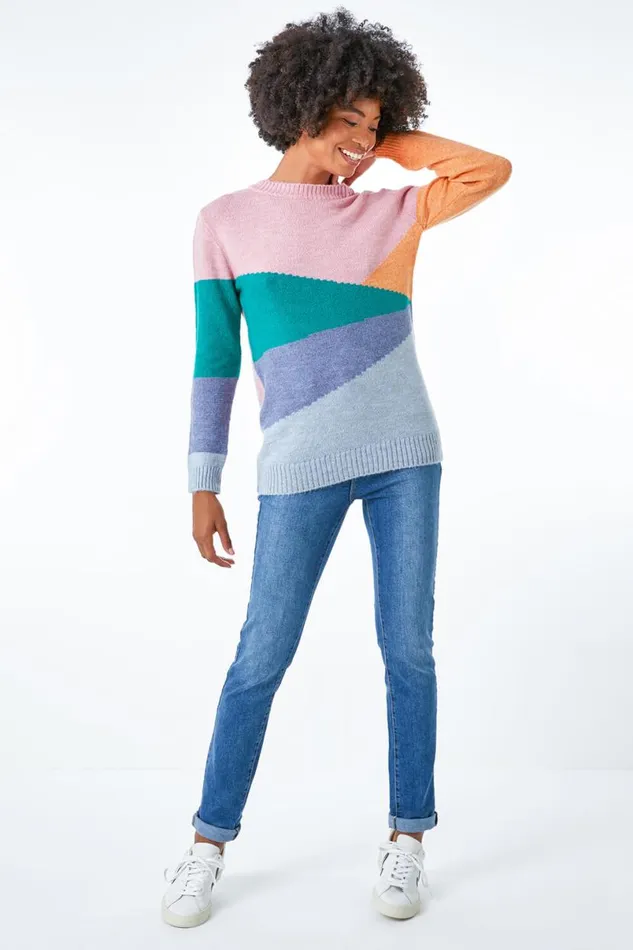Pink Crew Neck Colourblock Jumper Women Roman Knitwear