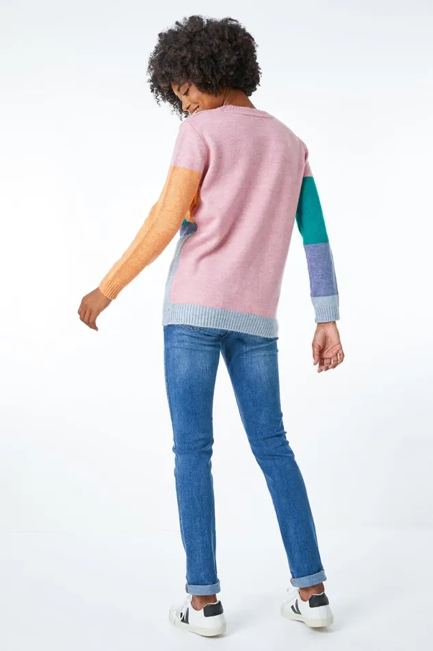 Pink Crew Neck Colourblock Jumper Women Roman Knitwear