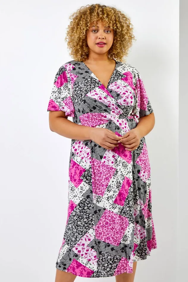 Pink Curve Patchwork Floral Midi Dress Women Roman Dresses