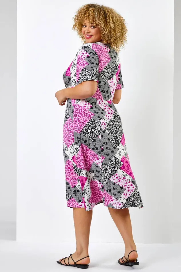 Pink Curve Patchwork Floral Midi Dress Women Roman Dresses