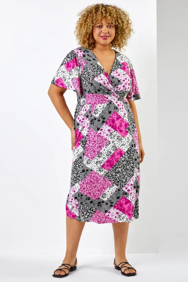 Pink Curve Patchwork Floral Midi Dress Women Roman Dresses