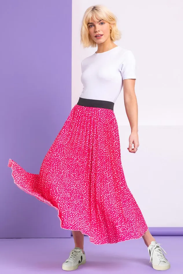 Pink Ditsy Spot Print Pleated Skirt Women Roman Skirts