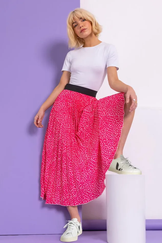 Pink Ditsy Spot Print Pleated Skirt Women Roman Skirts