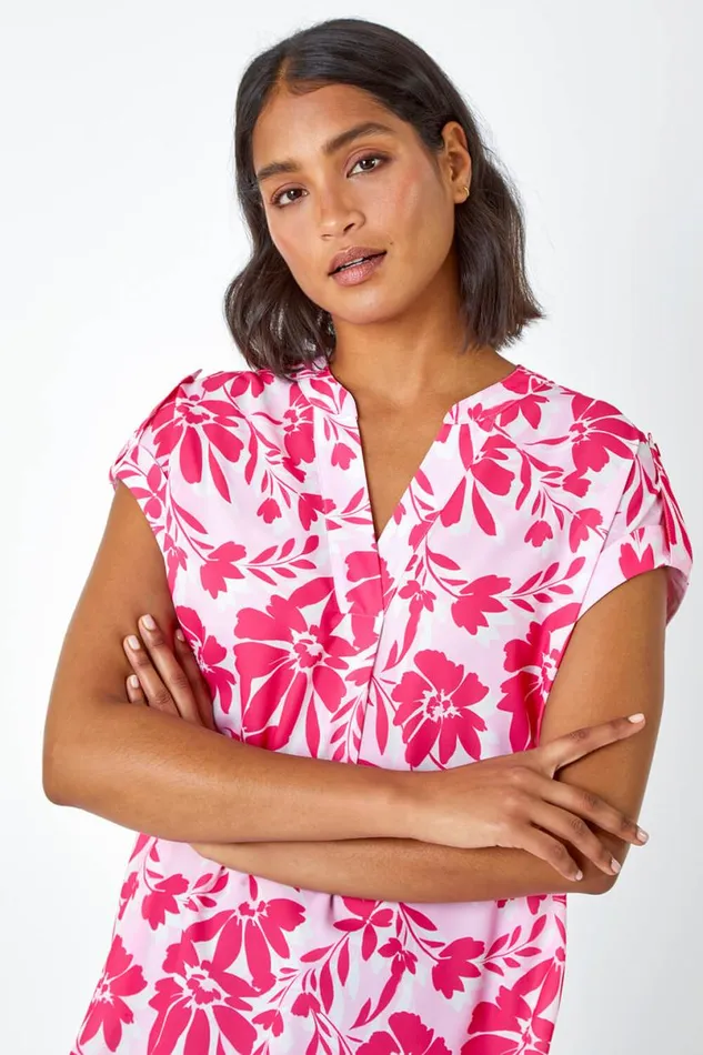 Pink Floral Print VNeck Pleat Front Top Women Roman Tops
