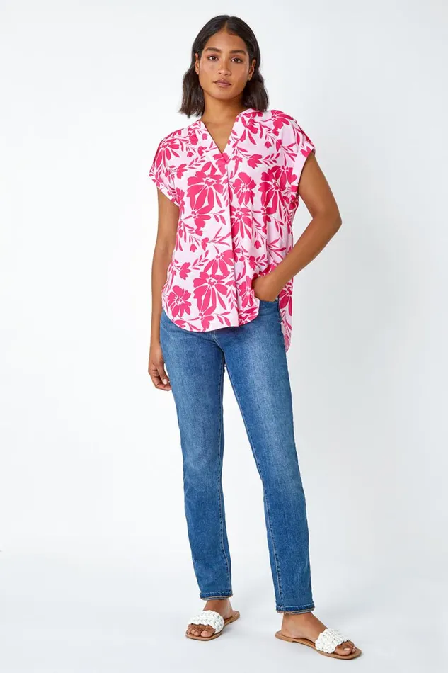 Pink Floral Print VNeck Pleat Front Top Women Roman Tops