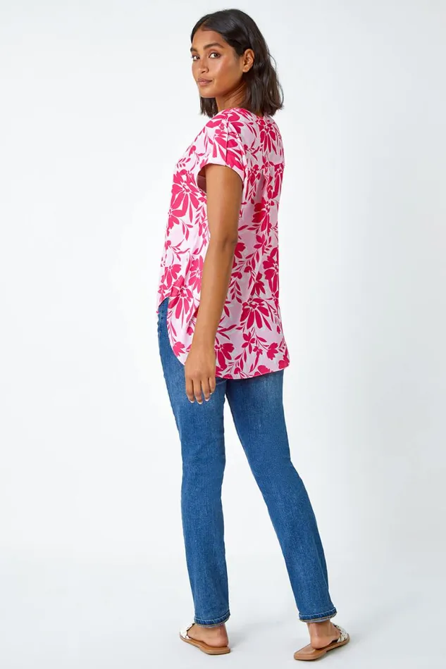 Pink Floral Print VNeck Pleat Front Top Women Roman Tops