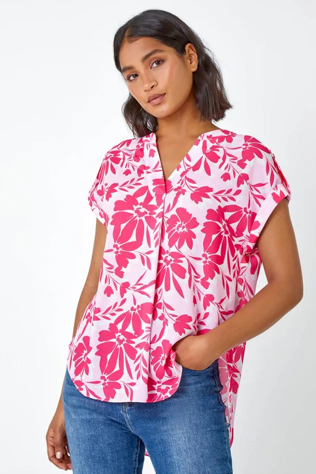 Pink Floral Print VNeck Pleat Front Top Women Roman Tops