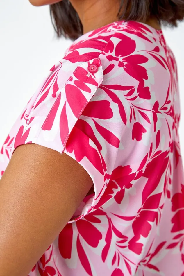 Pink Floral Print VNeck Pleat Front Top Women Roman Tops