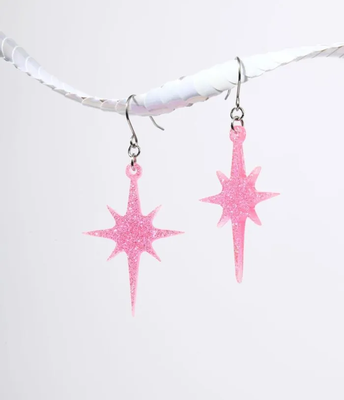 Pink Glitter Atomic Star Dangle Earrings Accessories Unique Vintage Earrings