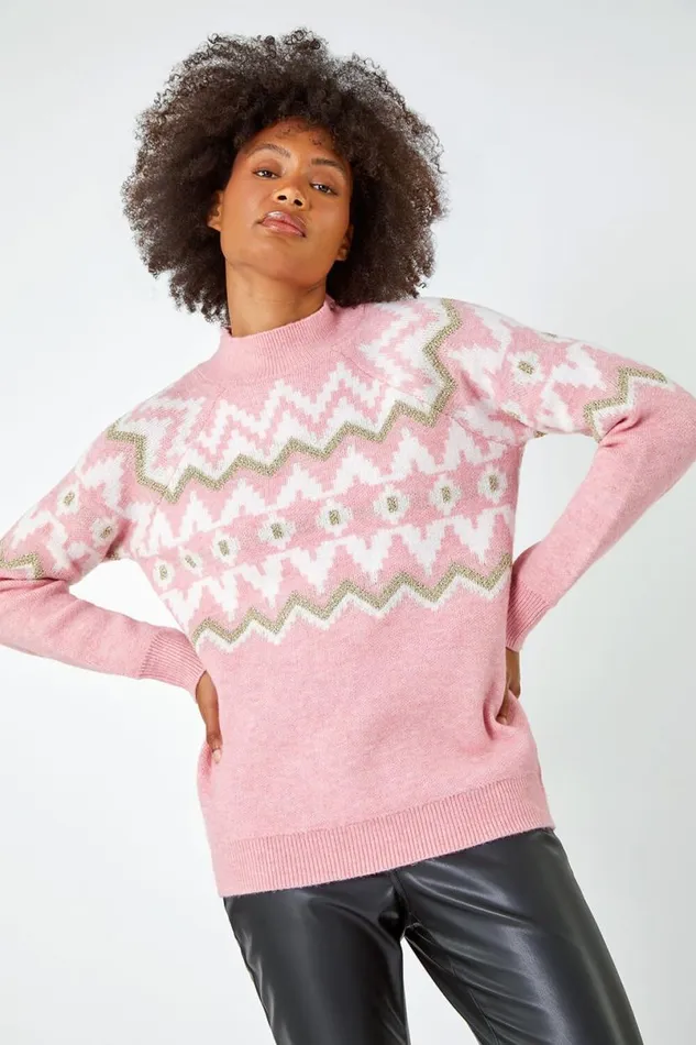 Pink High Neck Fairisle Knit Jumper Women Roman Knitwear