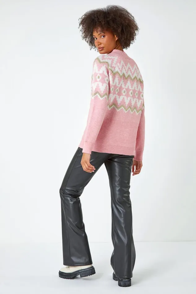 Pink High Neck Fairisle Knit Jumper Women Roman Knitwear