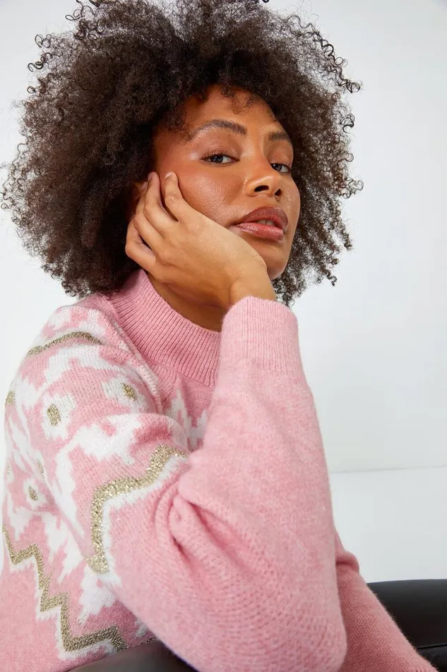 Pink High Neck Fairisle Knit Jumper Women Roman Knitwear
