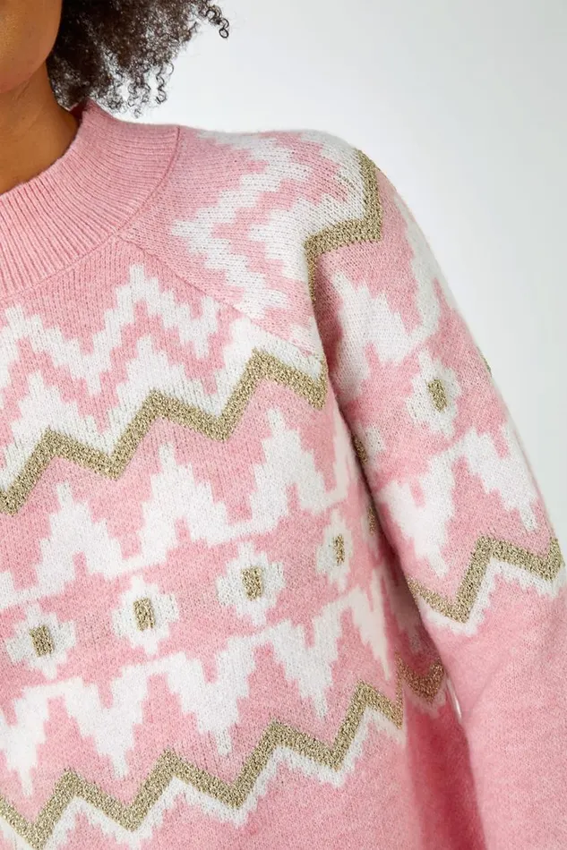 Pink High Neck Fairisle Knit Jumper Women Roman Knitwear