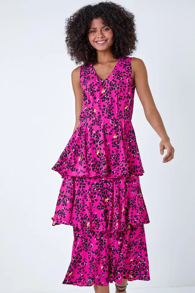 Pink Leopard Print Tiered Midi Dress Women Roman Dresses