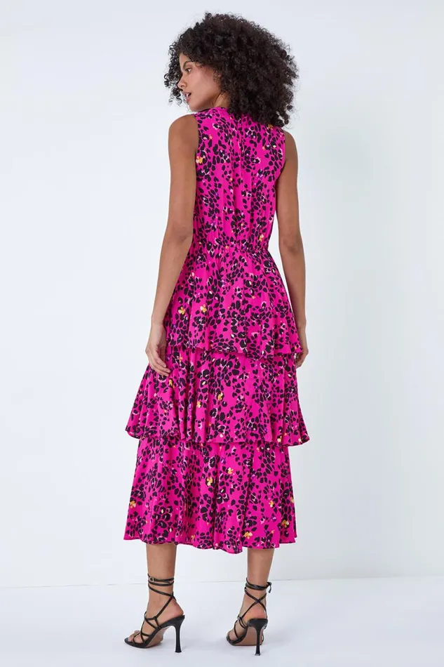 Pink Leopard Print Tiered Midi Dress Women Roman Dresses