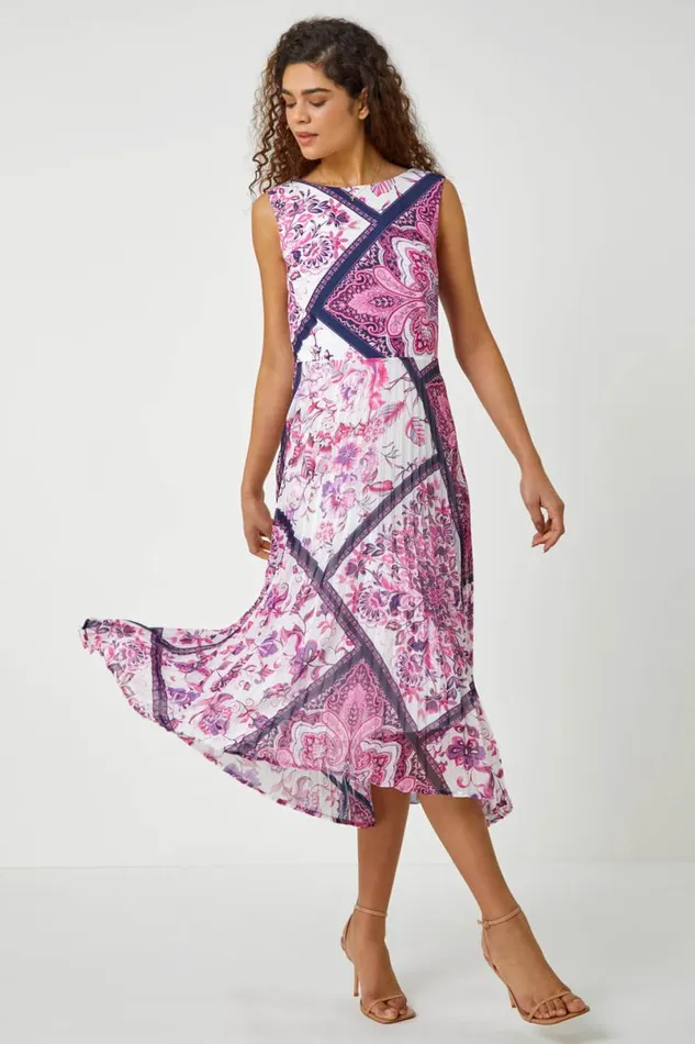Pink Paisley Scarf Print Pleated Midi Dress Women Roman Dresses