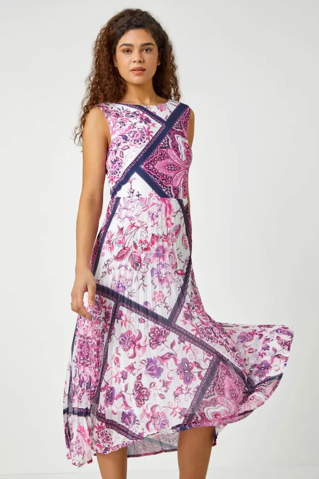 Pink Paisley Scarf Print Pleated Midi Dress Women Roman Dresses