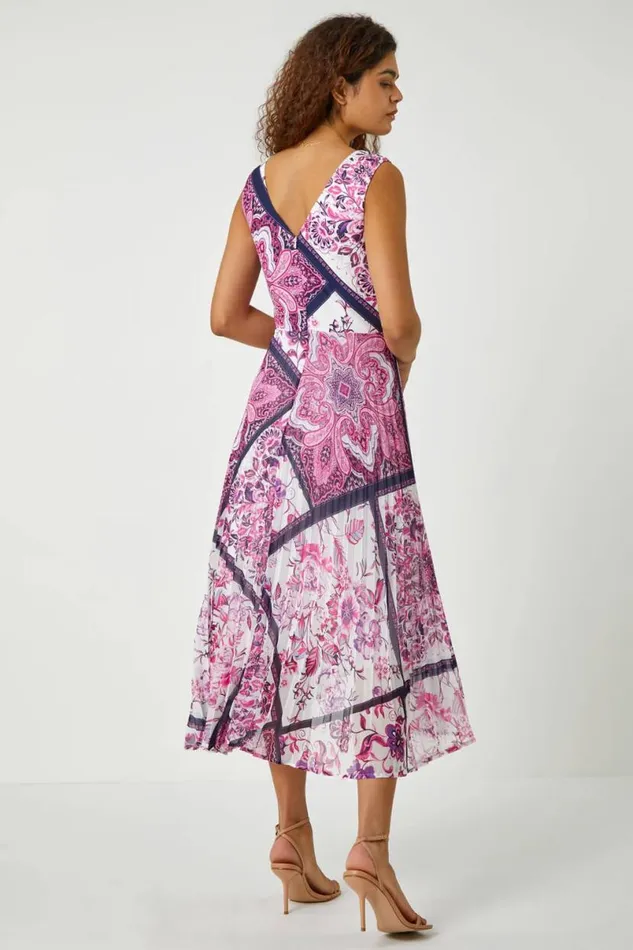 Pink Paisley Scarf Print Pleated Midi Dress Women Roman Dresses