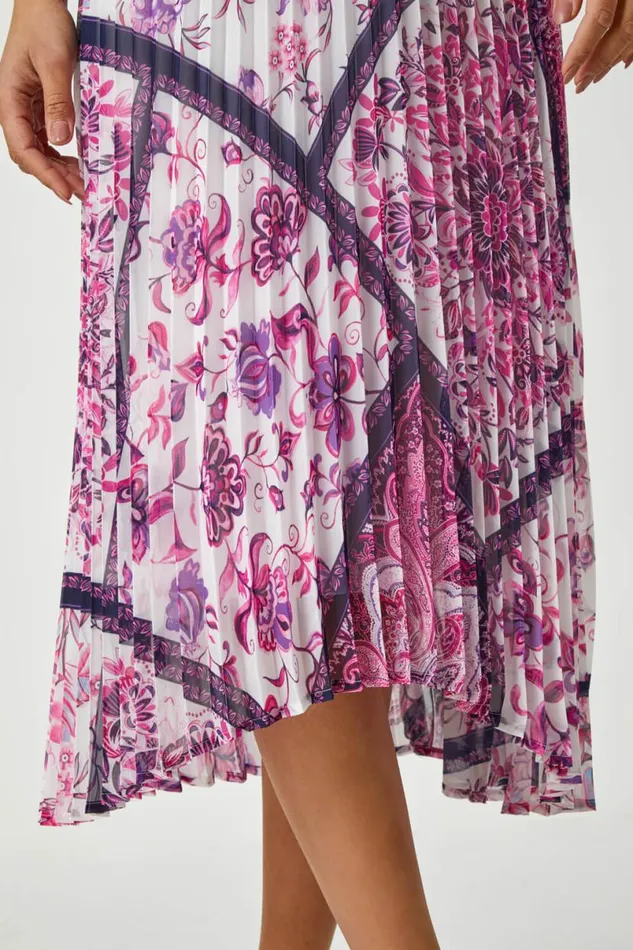 Pink Paisley Scarf Print Pleated Midi Dress Women Roman Dresses