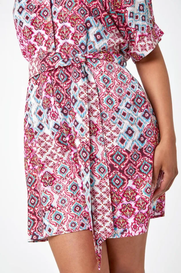 Pink Petite Aztec Print Belted Playsuit Women Roman Dresses