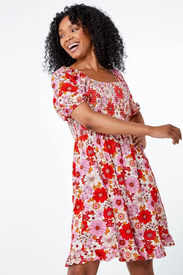 Pink Petite Floral Print Shirred Tea Dress Women Roman Dresses