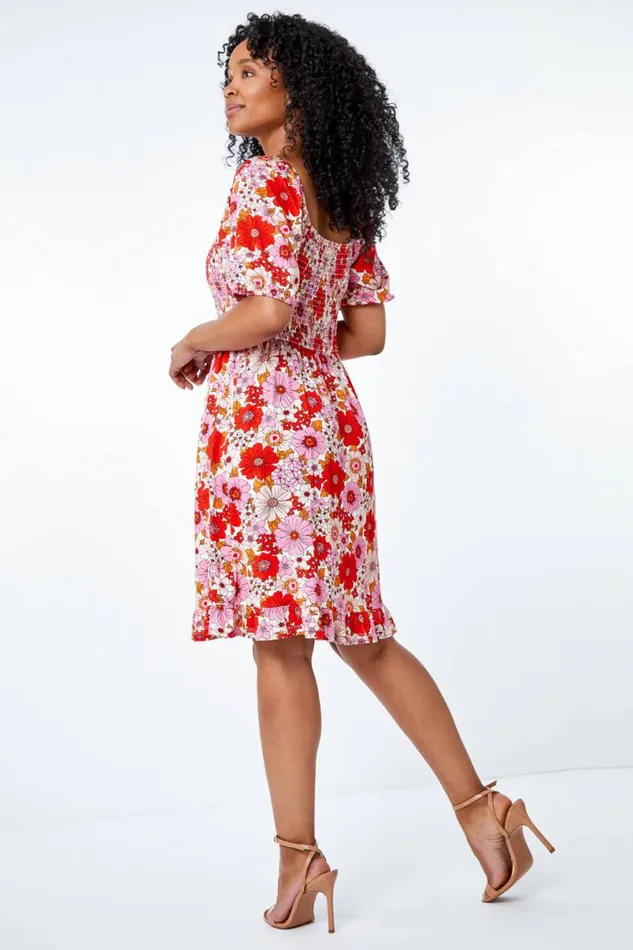 Pink Petite Floral Print Shirred Tea Dress Women Roman Dresses