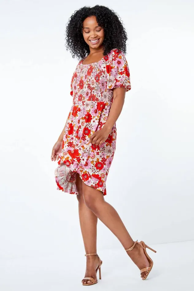 Pink Petite Floral Print Shirred Tea Dress Women Roman Dresses