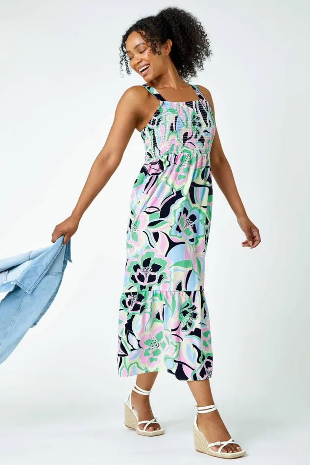 Pink Petite Floral Stretch Shirred Midi Dress Women Roman Dresses