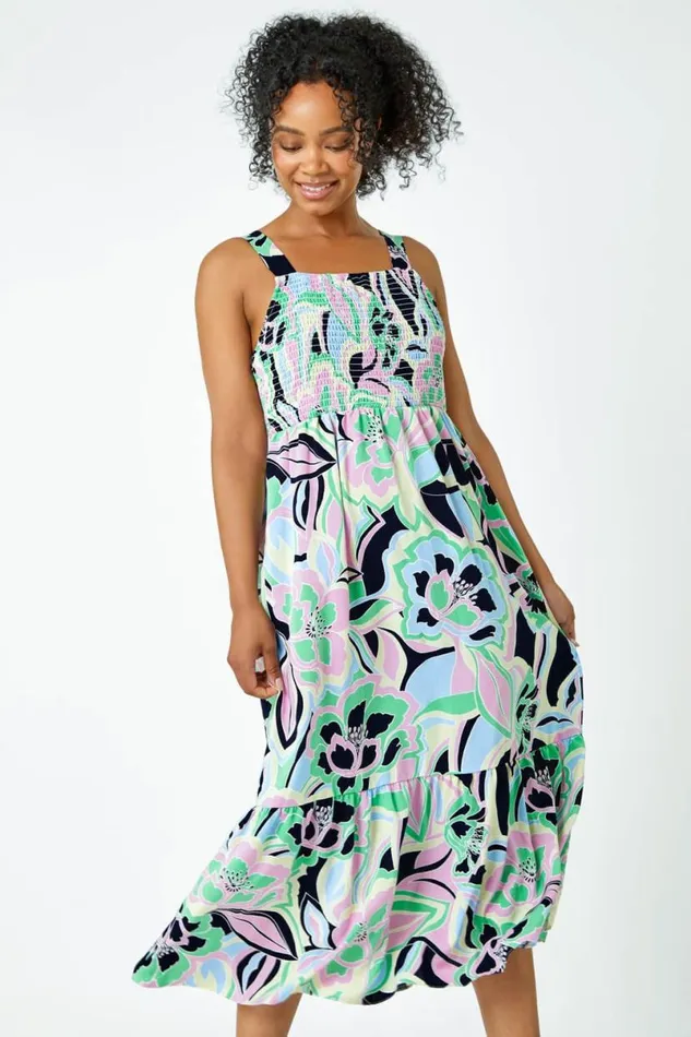 Pink Petite Floral Stretch Shirred Midi Dress Women Roman Dresses