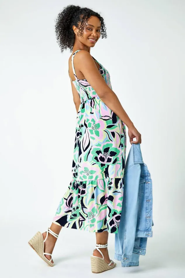 Pink Petite Floral Stretch Shirred Midi Dress Women Roman Dresses