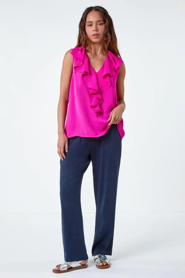 Pink Petite Frill Front Vest Top Women Roman Tops
